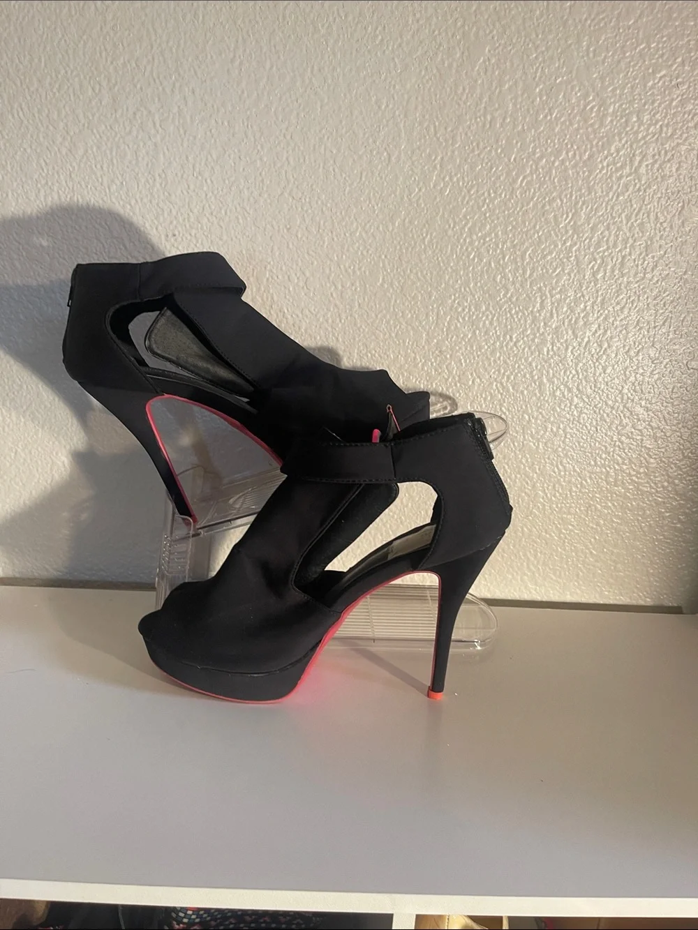 Wild Diva Black Peep-Toe Stiletto Heels with Pink Accents